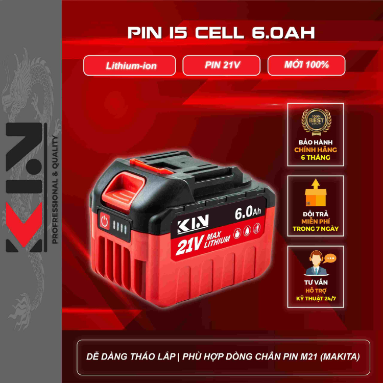 Pin KIN KP-15 15 Cell Dung Lượng 6.0Ah 21V Chân Pin Thổng Thông 