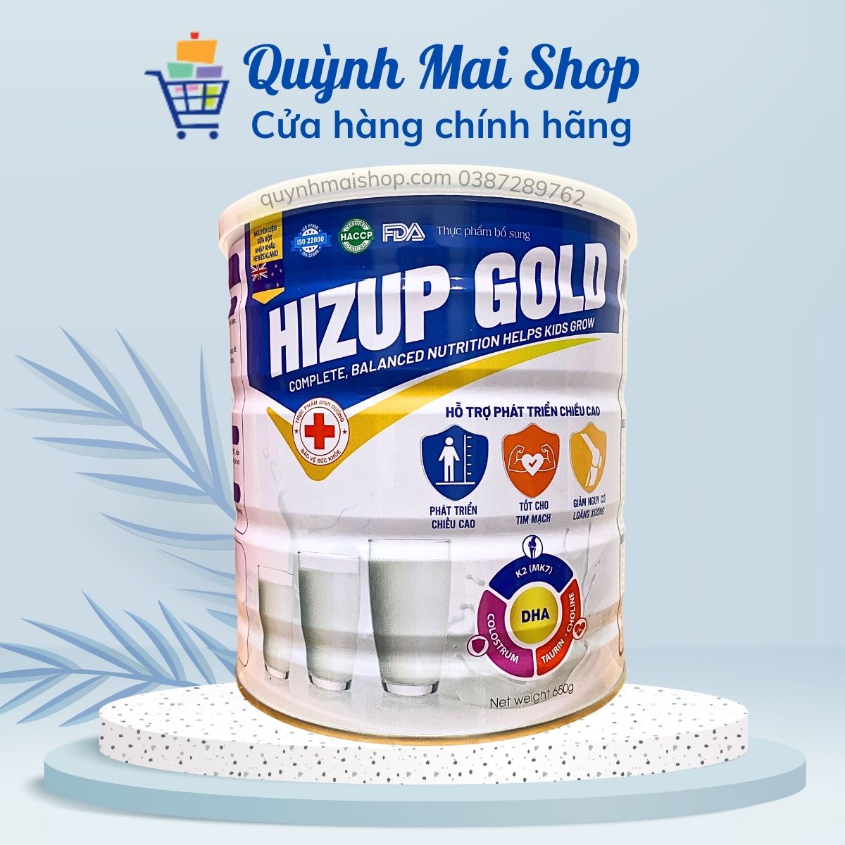 Sữa bột tăng chiều cao HIZUP GOLD dinh dưỡng phát triển chiều cao vượt trội, tốt cho tim mạch, ngừa loãng xương - Hộp 650g